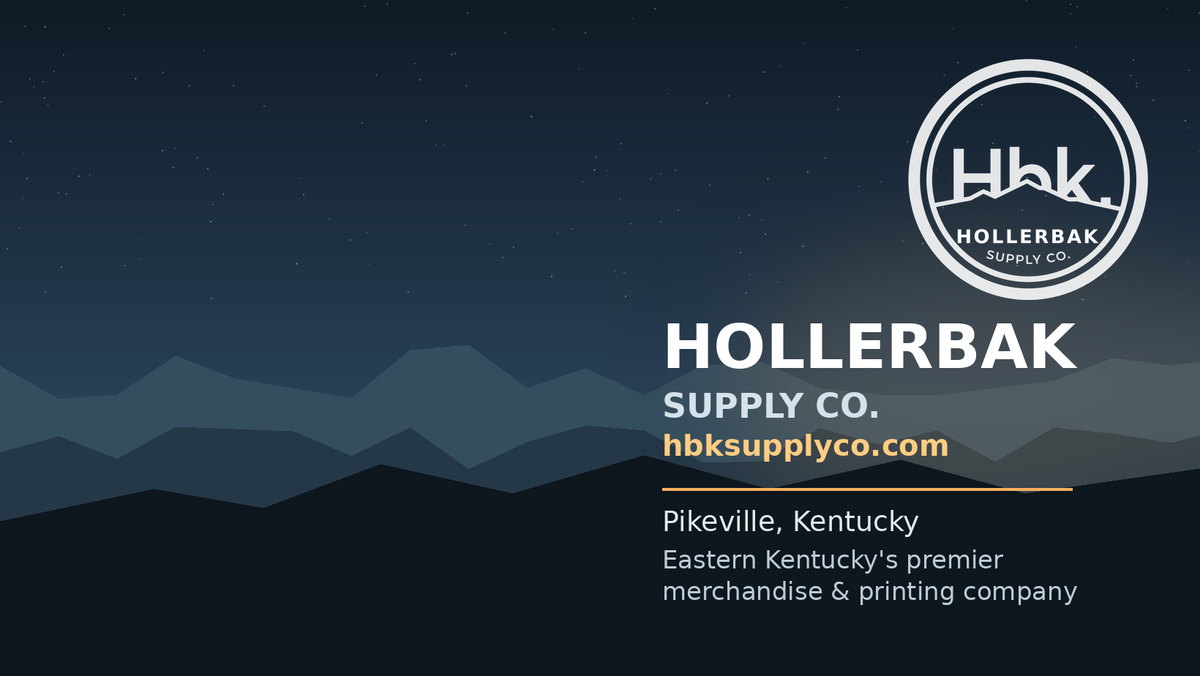 Hollerbak Supply Co. brand cover — mountains, badge, Pikeville Kentucky